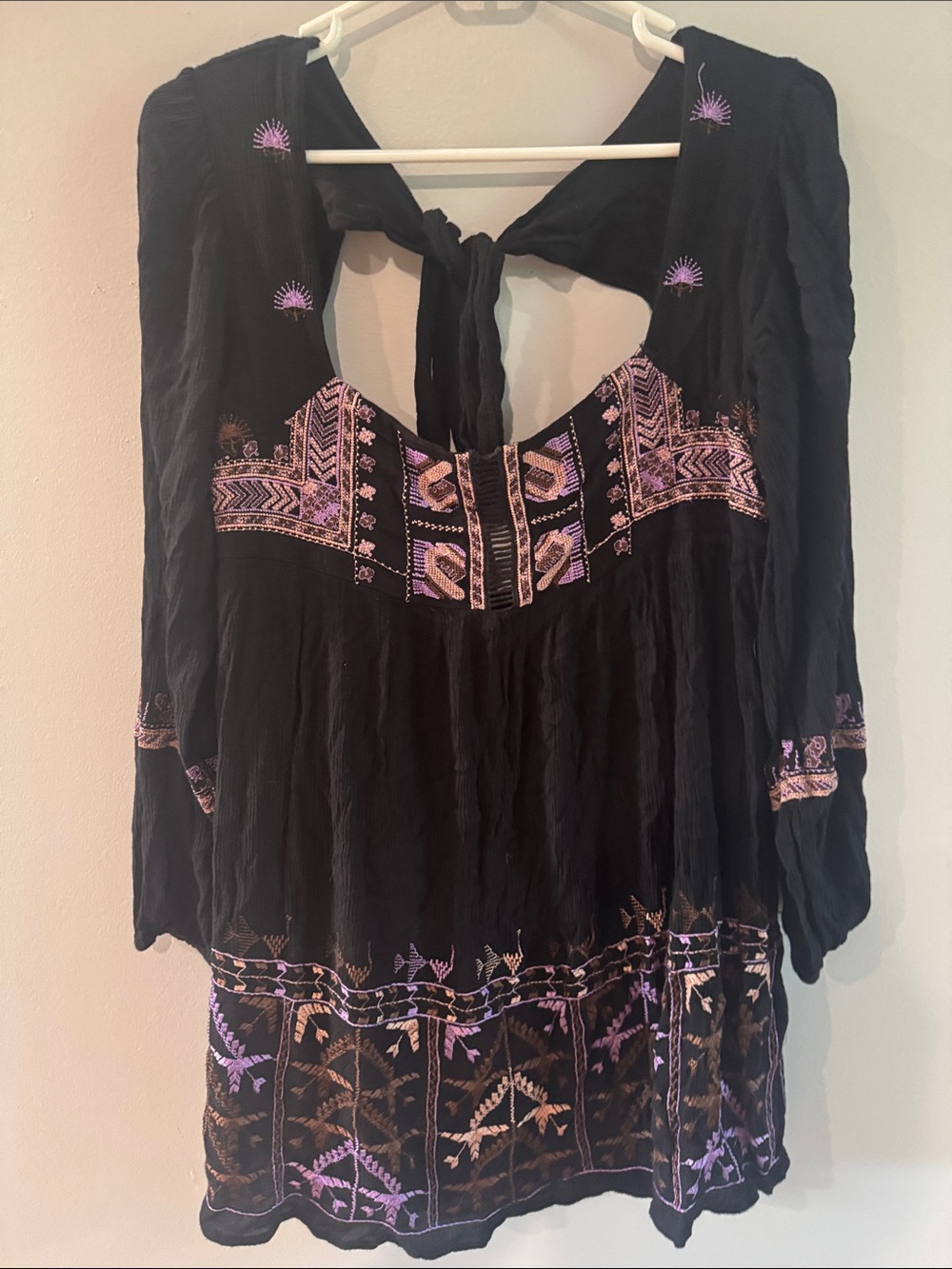 Free People XS Black Embroidered Boho Mini Dress Tie Back Long Sleeve - Picture 3 of 7